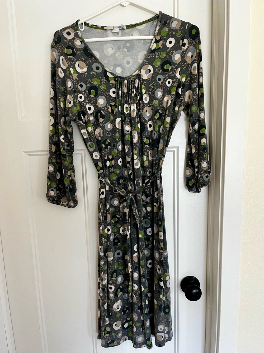 Boden Green, Gray & Cream Printed Tie-Waist Long Sleeve Dress